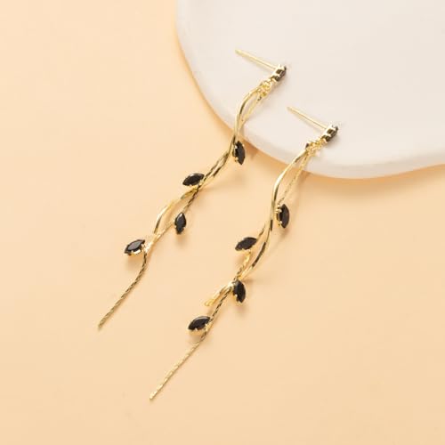 Temperament Long Zircon Tassel Earrings for Women Charm Jewelry Sparkling Crystal Leaves Twist Dangle Earrings for Friends - color: Gold-Balck Leaves