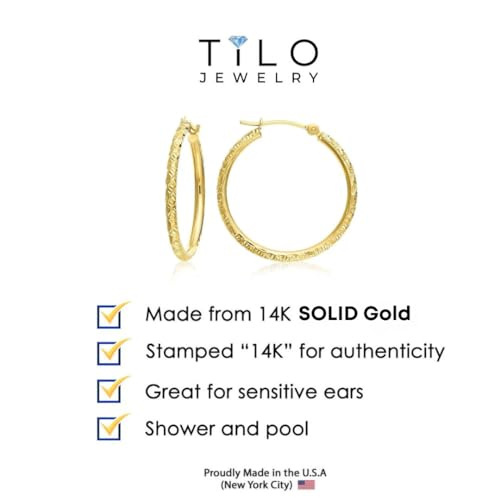 14k Yellow Gold Hand Engraved Diamond-cut Round Hoop Earrings - style: 16mm (0.63 inch)