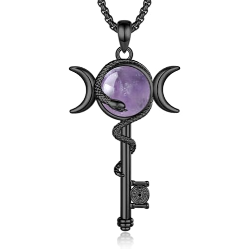 INFUSEU Mystical Hecate Triple Moon Goddess Necklaces, Divine Feminine Protection Gifts - style: Amethyst Hecate Key - Black