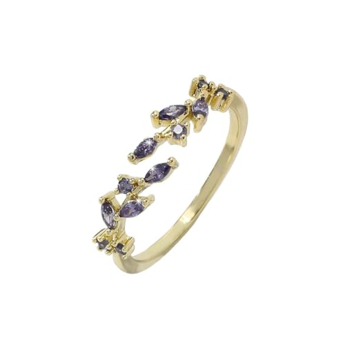 Adjustable Women's Cubic Zirconia Leaf Shaped Ring, 18K Gold-Plated Exquisite Stackable Women's Ring, A Great Gift for Her - color: D