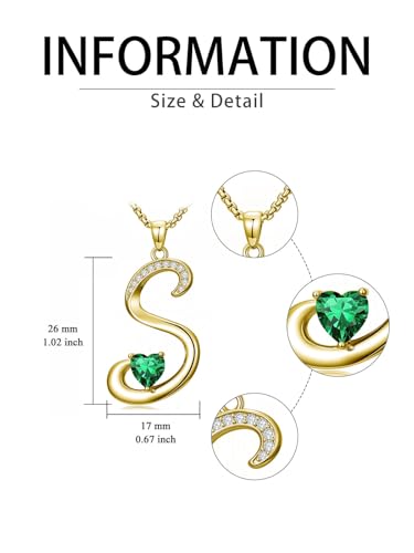 Birthday Gifts for Women 18k Gold Initial Necklaces for Women Simple Alphabets Letters with Birthstone Pendants Name Jewelry Anniversary Wedding Gifts for Sister Daughter Her (with Gift Box) - color: 05-May-Emerald, style: Letter S