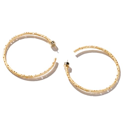 Hoop Earrings – 63.5mm Diameter, Gold Plated Brass with Matte Finish & Signature Hole Pattern, Lightweight Statement Hoops with Secure Friction Disc Backs - color: Gold, size: Large