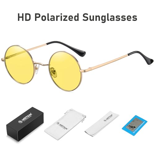 MEETSUN Small Round Polarized Sunglasses for Men Women Metal Retro Hippie Circle Sun Glasses Driving Festival Cosplay UV400 - color: Gold / Yellow