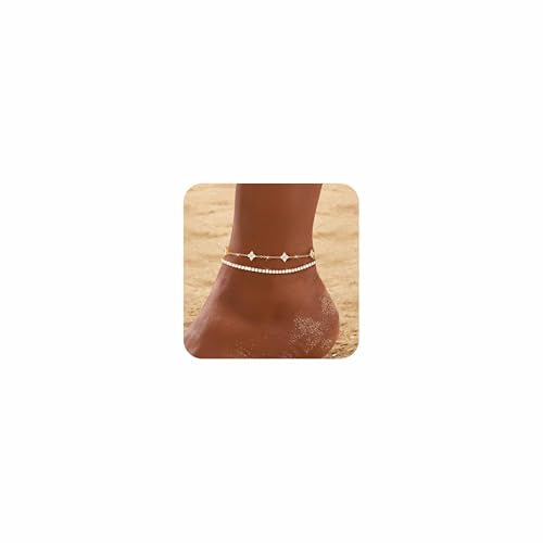 RLMOON Gold Silver Anklets for Women CZ Ankle Bracelet 14K Gold Plated Waterproof Layered Stackable Clover Butterfly Tennis Chain Anklet Trendy Summer Beach Foot Jewelry - color: A-Flower&Tennis Anklet-Gold
