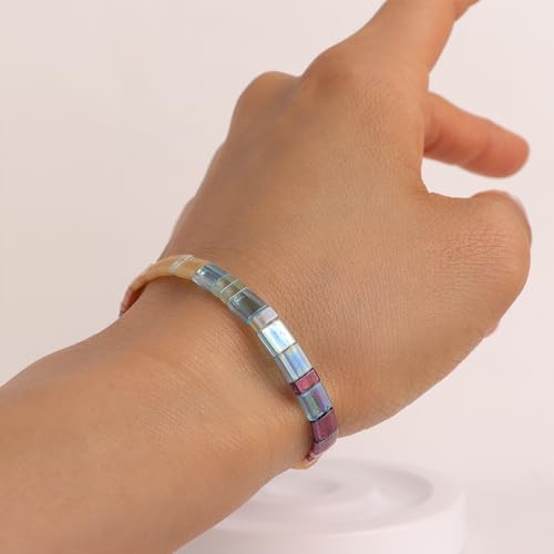 Sonateomber Tila Flat Beaded Stretch Bracelets for Women, Trendy Unique Colorful Square Beads Handmade Stack Bracelet Friendship Accessories Fashion Jewelry Gift - color: 0011B