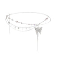 Y2k Belly Chain Rhinestone Butterfly Waist Beads Pearl Layered Silver Chain Belt For Women