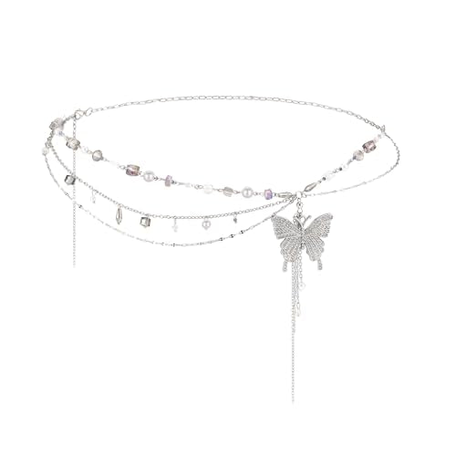 Y2k Belly Chain Rhinestone Butterfly Waist Beads Pearl Layered Silver Chain Belt For Women