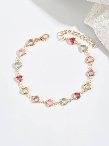 Heart Anklets for Women Crystal Tennis Chain Foot Jewelry Rhinestone Ankle Bracelets for Summer Beach Party - color: Gold/Pastel Multicolor