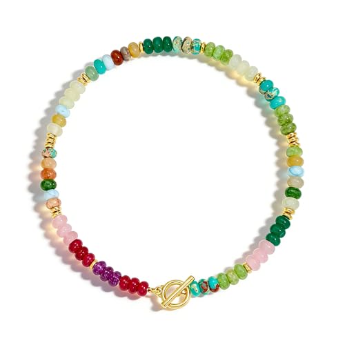 Colorful Beaded Necklace for Women Gemstone Bead Chokers Toggle Boho Natural Stone Surfer Necklaces Summer Beach Jewelry - color: A-Rainbow