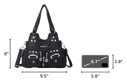 Angel Kiss Small Hobo Purses for Women, Washed Vegan Leather Multi-Pocket Purse, Shoulder Handbag with Adjustable Strap - color: Black