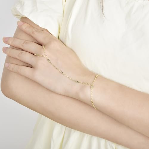 Hand Chain Bracelet Stainless Steel Finger Ring Bracelet Adjustable Gold Plated Hand Chain CZ Stackable Boho Minimalist Jewelry for Women - color: Gold Hand Chain Bracelet AN142G