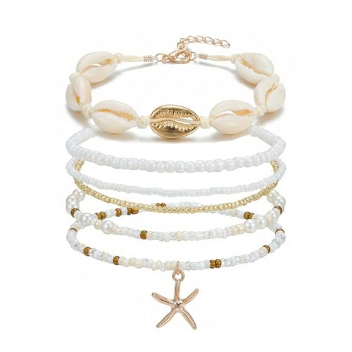 Gold Starfish Anklets for Women Seashell Ankle Bracelet Boho Stack Stretch Beaded Anklet Set Summer Beach Jewelry - style: C Style