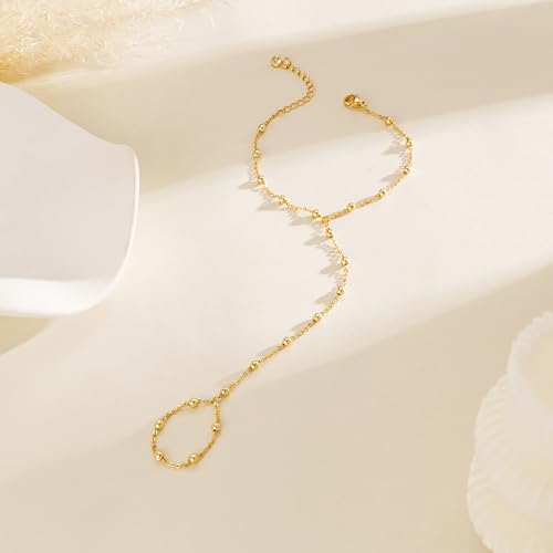 Hand Chain Bracelet for Women Trendy, Dainty Silver Beaded Finger Ring Bracelet Non Tarnish Minimalist Adjustable Simple Cute Silver Bracelets Waterproof Fashion Jewelry - color: Gold-02