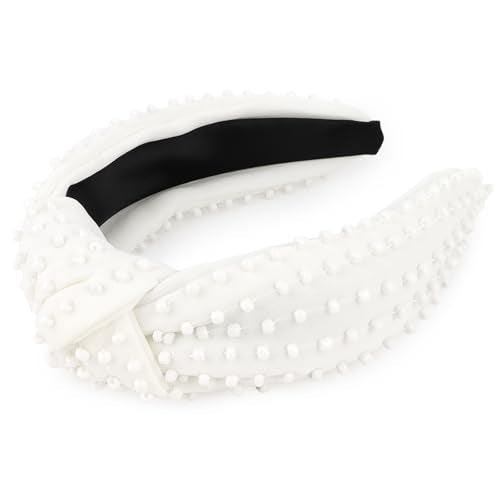 YISSION White Knotted Headband for Women - Wide Pearl Embellished Hair Hoop, Stylish Hair Accessory for Daily Wear, Weddings & Casual Outfits - color: Pure White