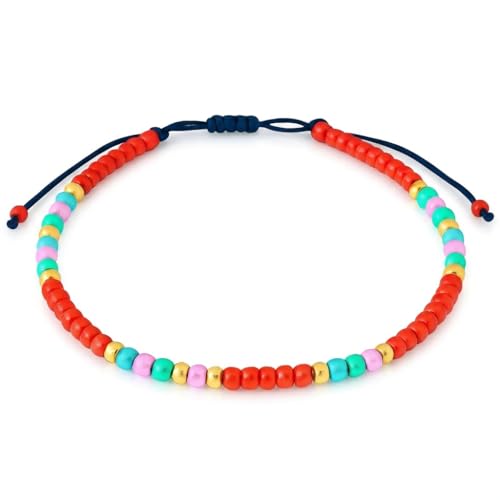 Anklets for Women, Handmade Colorful Beaded Adjustable Gemstone Anklet, Colorful Small Beads Hippie Foot Jewelry, Ankle Bracelet, Boho Style Waterproof, Gift Set with Box & Ribbon - color: Red