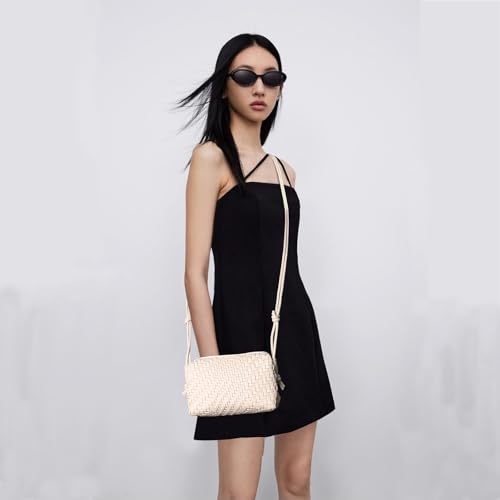 Woven Crossbody Bags for Women Handwoven Purses Vegan Leather Small Handbag Handmade Shoulderbag | Lightweight - color: Beige