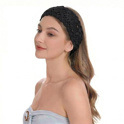 ZLYC Women Headband Handmade Crochet Knit Boho Flower Hair Bands (Crochet Black) - color: Crochet Black
