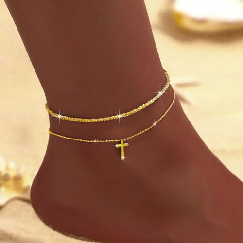 Ankle Bracelets for Women Gold Silver Layered Glitter Anklet for Women Waterproof Beach Cross Anklet Set Dainty Summer Foot Jewelry - color: Gold Cross Layered