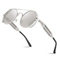 FEISEDY Aviator Sunglasses for Men Women, Retro Steampunk Gothic Round Metal Frame Hippie Glasses B2351 - color: Silver Frame With White and Silver Lenses