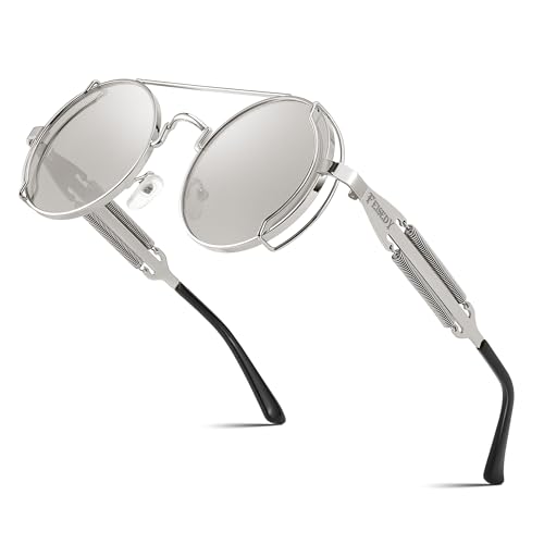 FEISEDY Aviator Sunglasses for Men Women, Retro Steampunk Gothic Round Metal Frame Hippie Glasses B2351 - color: Silver Frame With White and Silver Lenses