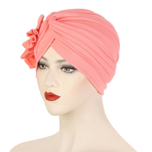 Flower Turban Hats for Women - Ruffle Bead Stretch Solid Caps Chemo Cancer Pre Tied Headscarf Headwear - color: Watermelon Red