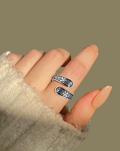 Vintage 14K Gold Plated and Silver Spoon Ring – Adjustable Ring with Carving Design for Women, Unique Boho Open Ring for Gift - color: Silver & Black
