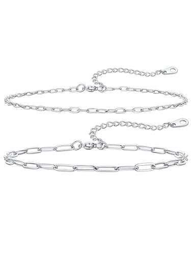 ChainsHouse Ankle Bracelets for Women, Stainless Steel Chain Anklets Waterproof, Women Summer Beach Jewelry Gift, Come with Box - color: 02. 2Pcs-(2+3mm)-Paperclip-Steel