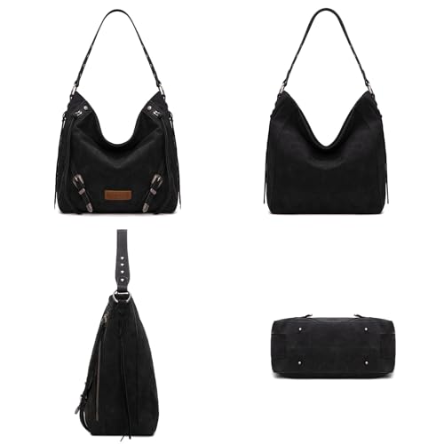 Wrangler Large Hobo Purses and Handbags for Women with Buckle and Fringe Zipper Faux Suede Shoulder Bag - color: Black
