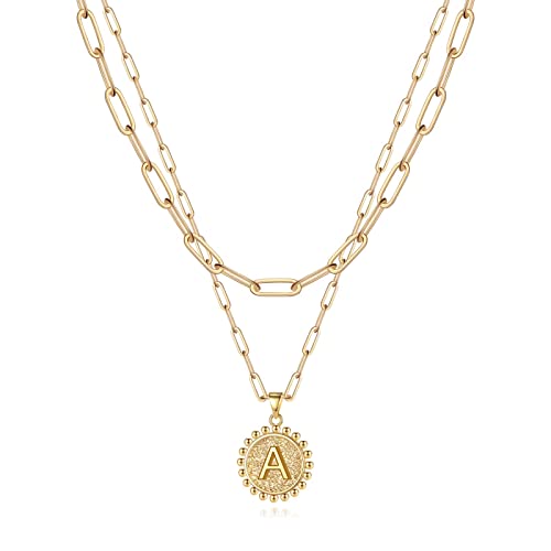 Yoosteel Layered Initial Necklaces for Women Trendy - 14K Gold-Plated Dainty Layering Paperclip Chain Coin Initial Necklace Jewelry Gifts for Women Mom Wife Teen Girls - color: Gold, style: A.