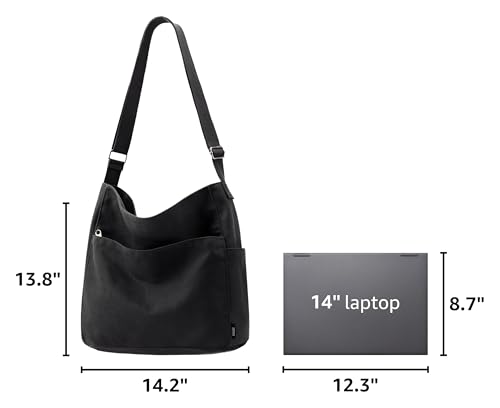 KALIDI Canvas Tote Bag Large Hobo Crossbody Shoulder Handbag Zipper Messenger Bag for Women or Men Casual College Work - color: Black