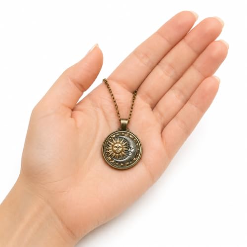 1pc Stunning Round Pendant Necklace - Unique Sun & Moon Pattern, Oil Painting Style Glass Mosaic, Alloy Construction, Trendy Sweater Chain, Fashionable Gift for Women - Christmas or Birthday Gift - color: Gray Moon (Bronze)