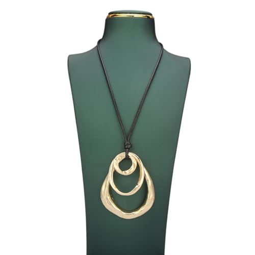 Kelake Leather Necklace for Women Men Teen Vinatge Boho Alloy Pendant Choker Jewelry Fashion Sweater Necklaces with Adjustable Genuine Leather Chain - color: Gold Pear-shaped 3 Circles Pendant
