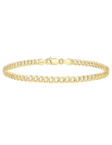 IEFWELL S925 Sterling Silver 14K Real Gold Plated Bracelet Hypoallergenic 4mm Diamond Cut Cuban Link 6.5 7 7.5 8 8.5 9 Inches for Men Women Jewelry Gifts - color: 14K-Gold-Plated, size: 7.5 Inch- Women's Medium & Men's Small