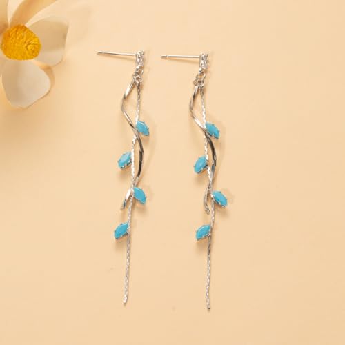 Temperament Long Zircon Tassel Earrings for Women Charm Jewelry Sparkling Crystal Leaves Twist Dangle Earrings for Friends - color: Silver-Bule Leaves