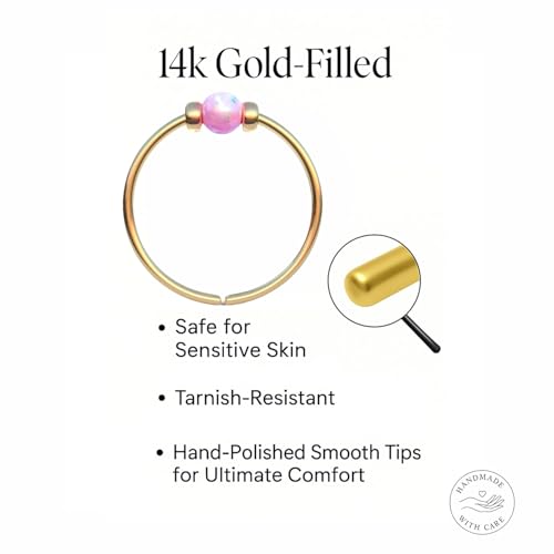 925 Sterling Silver & 14K Gold Filled Nose Ring Hoop Handmade Piercing Jewelry For Women - 24 Gauge 2mm,7mm Tiny Nose Ring with Opal - Gift Ready - color: Pink Opal Gold
