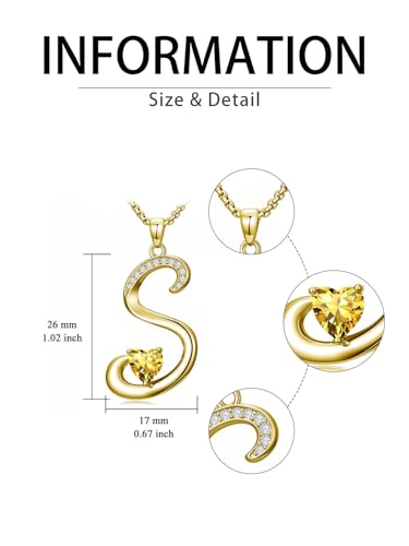 Birthday Gifts for Women 18k Gold Initial Necklaces for Women Simple Alphabets Letters with Birthstone Pendants Name Jewelry Anniversary Wedding Gifts for Sister Daughter Her (with Gift Box) - color: 11-Nov-Citrine, style: Letter S