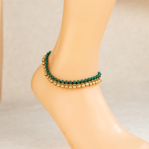Jingling Round Stone Brass Anklet Bracelet Handmade Boho Ankle Bracelets for Women Minimalist Jewelry - color: green