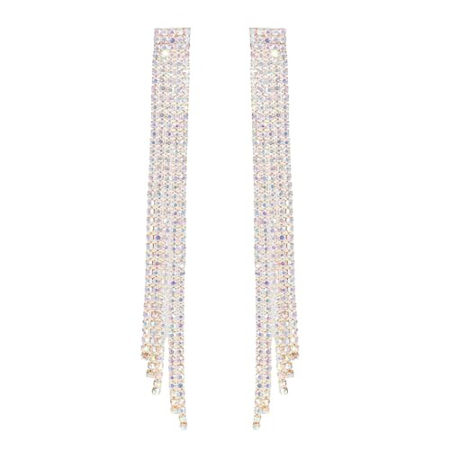 Rhinestone Tassel Earrings Sparkly Long Fringe Crystal Chandelier Dangle Drop Earrings Wedding Party Prom Earrings Premium Iridescent Earrings Wedding Party Jewelry Gifts for Women - color: Silver6