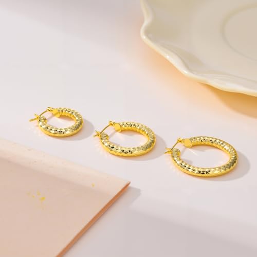 Gold Plated Hoop Earrings for Women 14K Gold Plated Earrings for Women Hypoallergenic Lightweight Wrinkle Texture Earrings Womens 20mm/25mm/30mm - size: 25mm