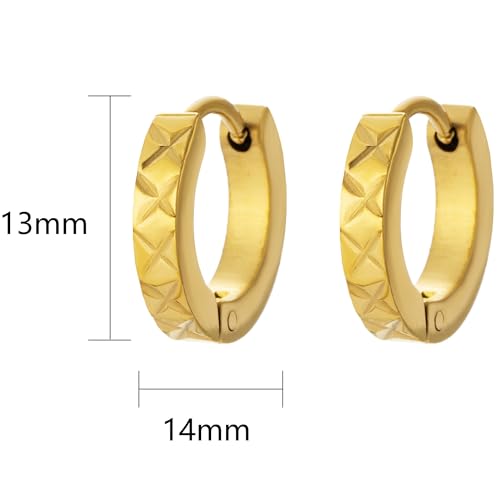 Stainless Steel Hoop Earrings for Women Gold Tone Geometric, Huggie Heart Twisted Minimalist Engraved Designs for Daily Wear - color: Gold05_13mm*14mm