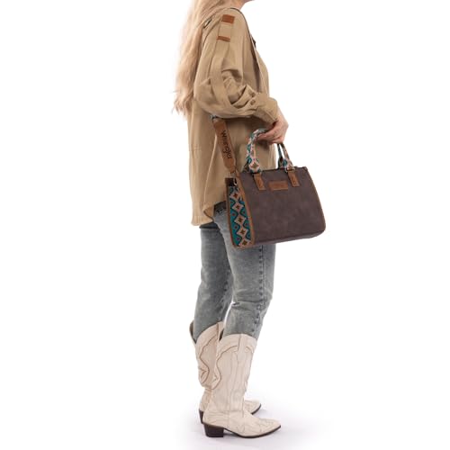 Montana West Wrangler Tote Bag for Women Aztec Western Retro Purse Top Handle Handbags - color: A-aztec-coffee and Turquoise