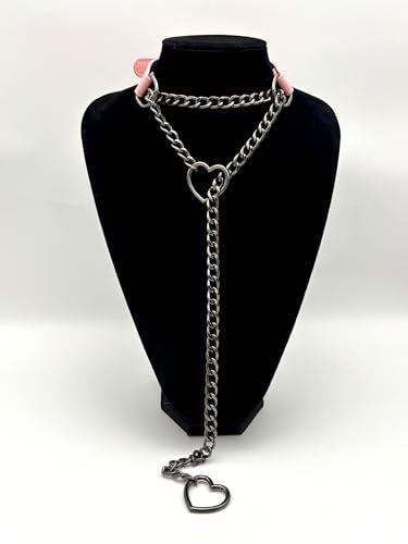 Black Leather Choker Collar For Women, Handmade Heart Slip Chain Choker Long Necklace with Adjustable Buckle - color: B-Pink-Black-Black, size: 24''chain