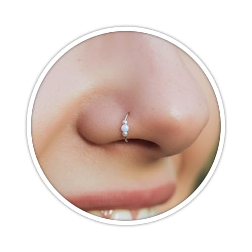 925 Sterling Silver & 14K Gold Filled Nose Ring Hoop Handmade Piercing Jewelry For Women - 24 Gauge 2mm,7mm Tiny Nose Ring with Opal - Gift Ready - color: White Opal Silver