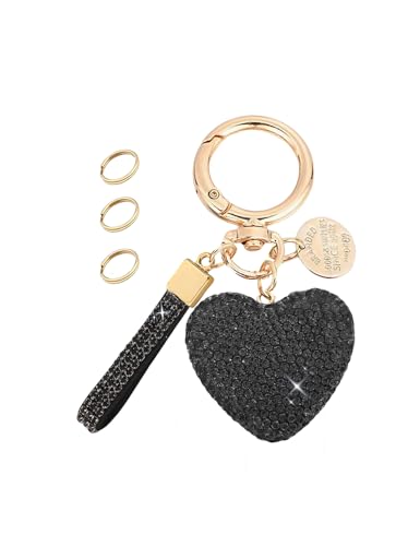 Keychain for Women Girls Bling Heart/Star/Strawberry Key Chain Accessories for Key/Backpack Bag Charm - color: Black Heart