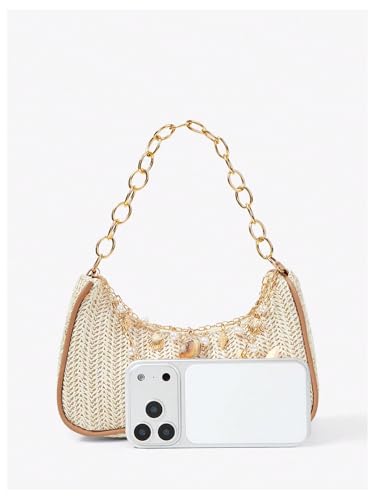 MakeMeChic Women's Straw Beach Purse Seashell Beaded Shoulder Handbags Summer Vacation Bags - color: Multicolor G