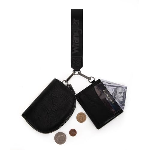 Wrangler KeyChain Wallet Wristlet Wallets for Women Dual Pouch Wristlet with Zipper Womens Credit Card Holder Wallet - color: A-Black