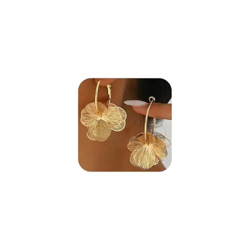 Dainty Gold Boho Textured Flower Hoop Earring for Women, Statement Unique Ginkgo Leaf Floral Petal Drop Dangle Earrings Vintage Party Holiday Jewelry