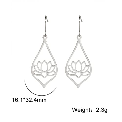TEAMER Stainless Steel Lotus Flower Dangle Earrings Bohemian Drop Earring Unique Geometric Jewelry for Women - color: Lotus 3-Steel Color