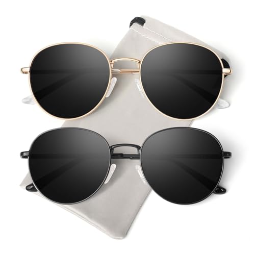 GQUEEN Retro Round Polarized Sunglasses Womens Men Spring Hinge Metal Frame Trendy Hippie Oval Sun Glasses Shades UV400 - color: 2 Gold Black & Black Black