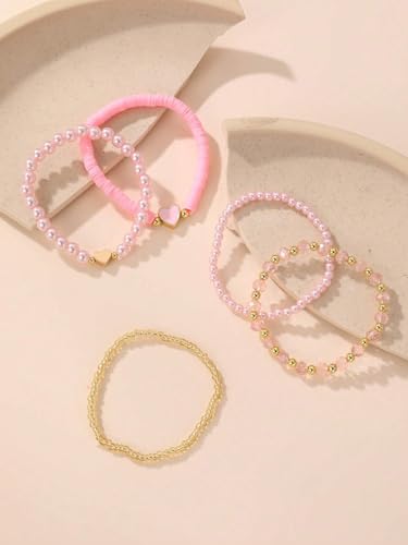 Caiyao Bohemia Multilayer Heart Imitation Pearl Beaded Stackable Bracelets Set Colorful Surfer Heishi Clay Gold Beads Stretch Bracelets for Women Men Summer Beach Boho Vacation Jewelry Gifts - color: Pink